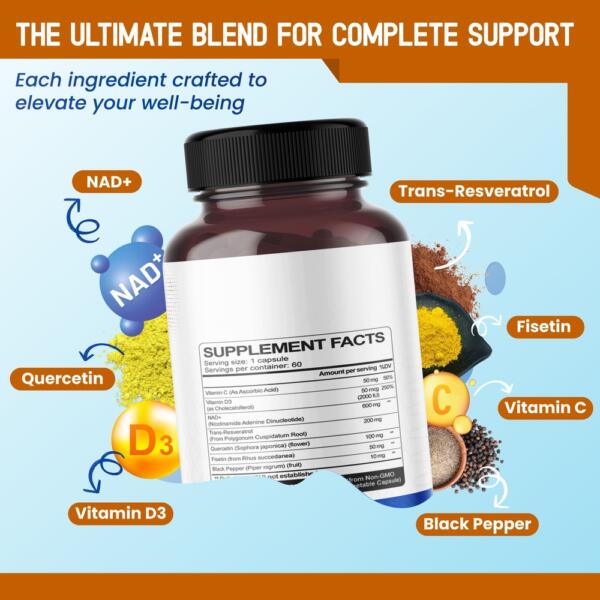 NAD+ RESVERATROL Quercetin Fisetin Black Pepper - Healthy Aging Support, Energy Levels Support - 120-day Supply - Made in The USA - Image 2