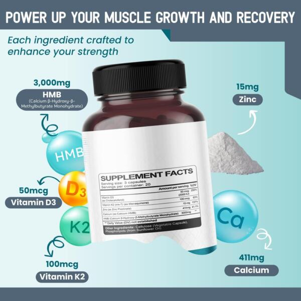 Liposomal HMB with Vitamin D3, K2 & Zinc – Advanced Formula – Supports Muscle Mass, Bone Wellness & Recovery* – 60 Capsules (Pack of 2) – No Gluten or GMOs – Made in The USA - Image 2