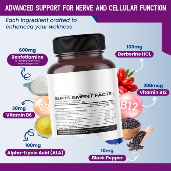 Benfotiamine (Fat-Soluble Vitamin B1) with Alpha-Lipoic Acid & Berberine – Advanced Formula – Supports Healthy Metabolism– 60 Capsules (Pack of 2) – Made in The USA - Image 3