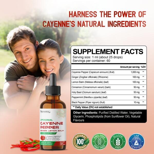 Liposomal Cayenne Pepper with Ginger & Lemon Balm – Advanced Formula – Supports Digestion, Heart Wellness & Boosts Immunity* – 2.0 fl. oz (60ml) – Made in The USA - Image 2