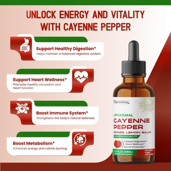 Liposomal Cayenne Pepper with Ginger & Lemon Balm – Advanced Formula – Supports Digestion, Heart Wellness & Boosts Immunity* – 2.0 fl. oz (60ml) – Made in The USA - Image 3