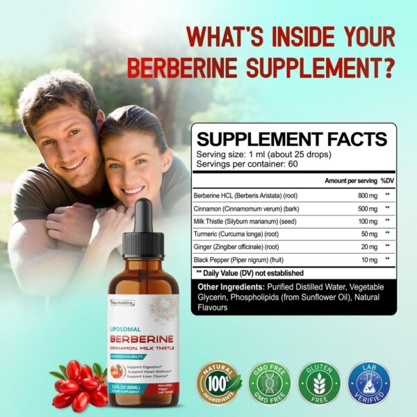 Liposomal Berberine with Cinnamon & Milk Thistle – Advanced Formula – Supports Digestion, Heart Wellness & Liver Cleanse* – 2.0 fl. oz (60ml) – Made in The USA - Image 2