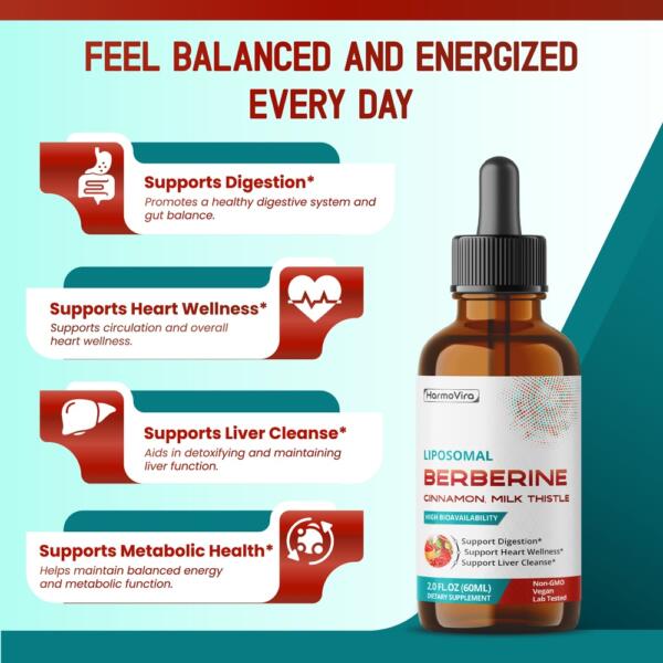 Liposomal Berberine with Cinnamon & Milk Thistle – Advanced Formula – Supports Digestion, Heart Wellness & Liver Cleanse* – 2.0 fl. oz (60ml) – Made in The USA - Image 3