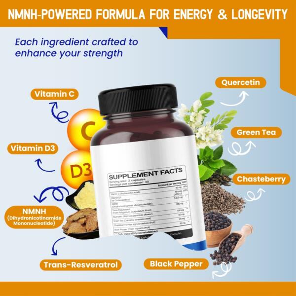 Liposomal NMNH 1,200MG with Resveratrol & Quercetin – Advanced Formula for Cellular Wellness & Vitality – 60 Capsules (Pack of 2) Non-GMO - Image 3